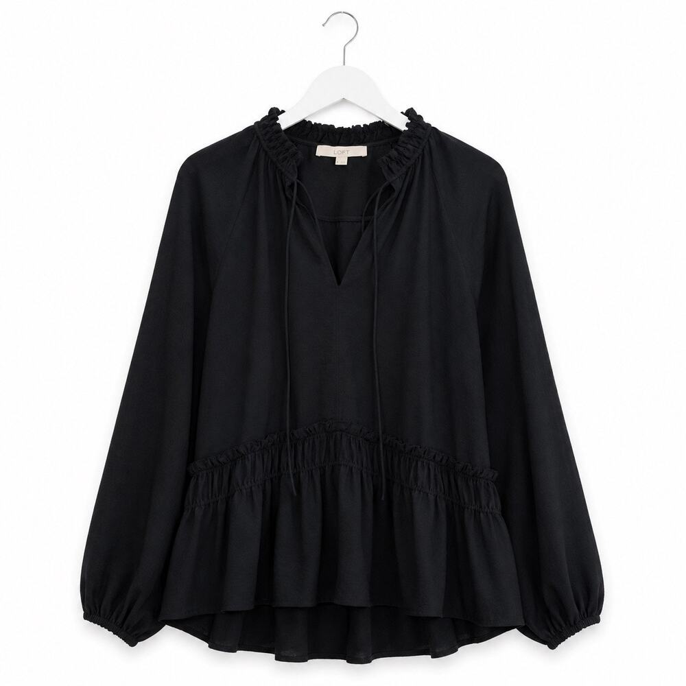 LOFT Black Ruffle Peplum Blouse Long Sleeve Tie Neck Top